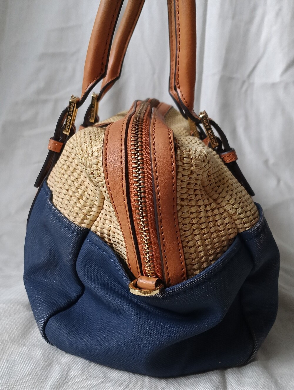 Tory Burch Navy Canvas & Natural Raffia Satchel - Picture 3 of 16